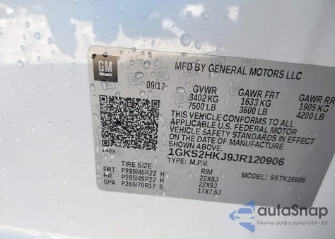 2018 GMC Yukon Xl Denali z USA, uszkodzony, nr VIN 1GKS2HKJ9JR120906